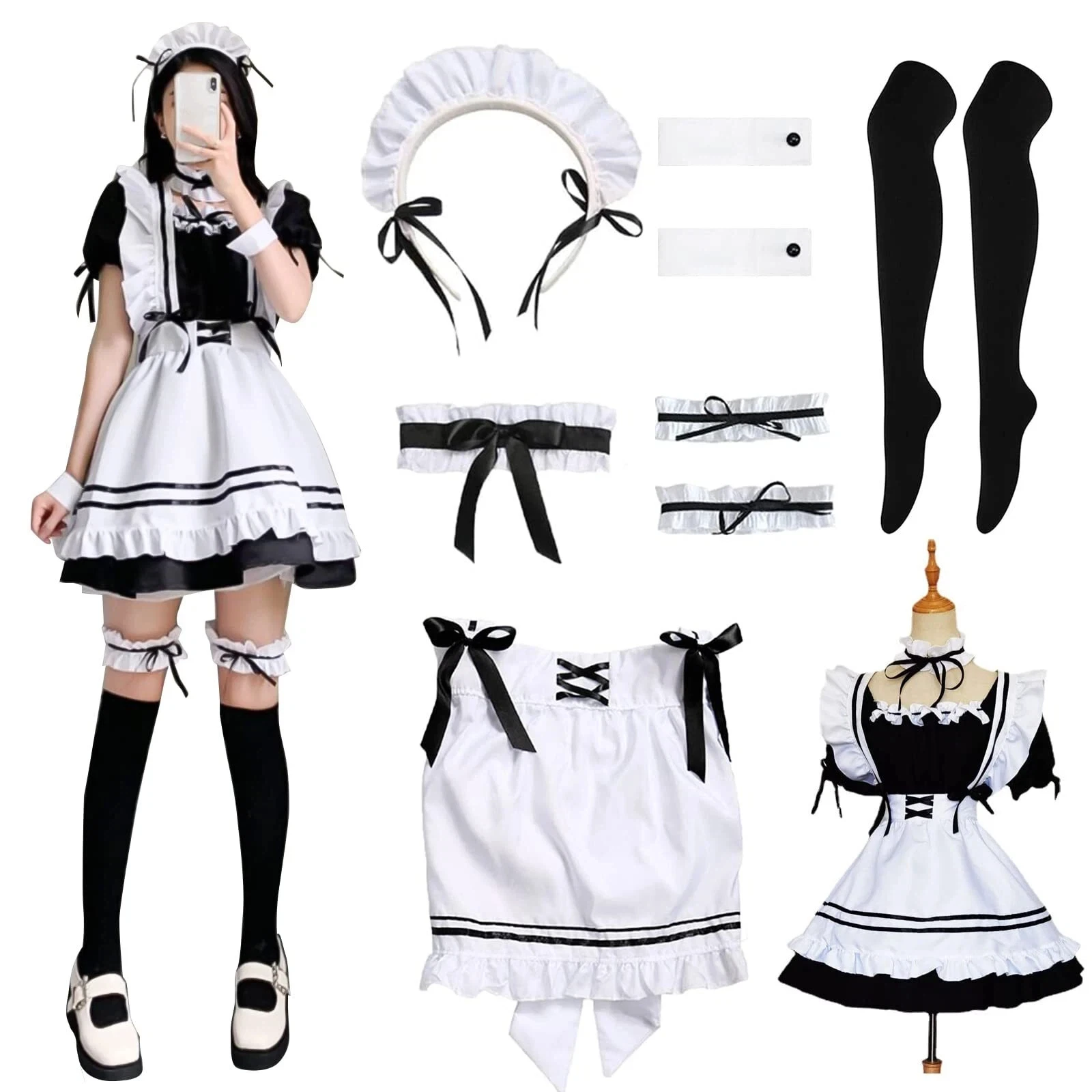 

Classic Black White Maid Outfit Full Set Women Lolita Maid Dress Anime Cosplay Costume Halloween Party Fancy Dress Cosplay Suit