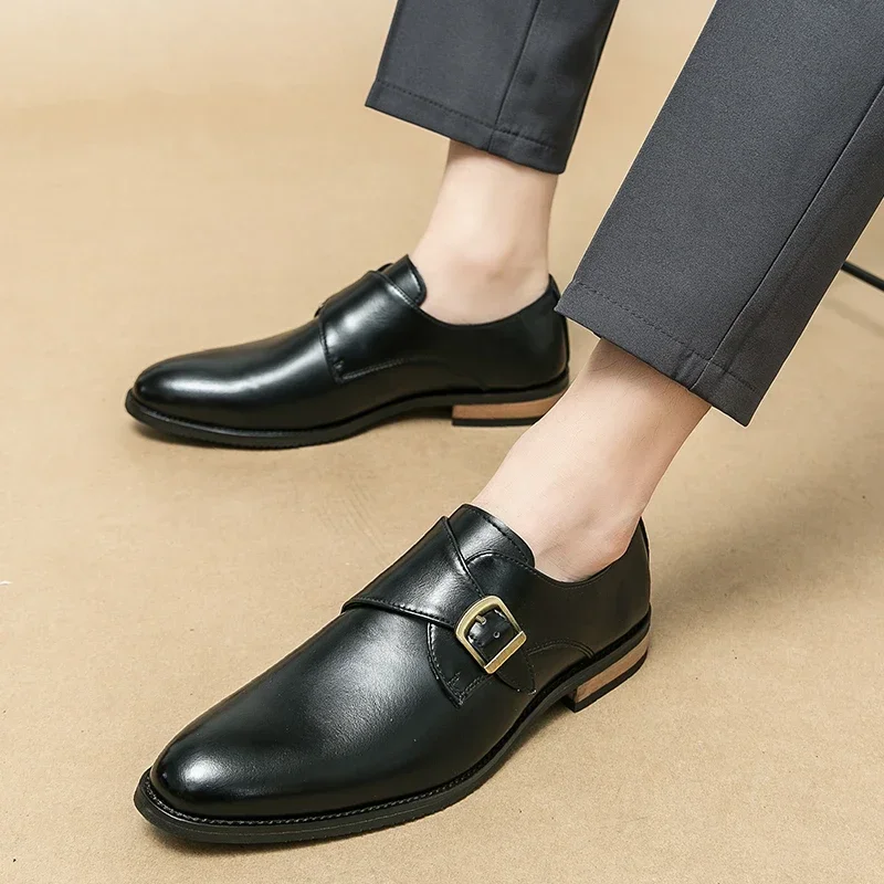 New Black Loafers for Men Brown  Buckle Strap Solid  Round Toe Pu Leather  Men Shoes  Size 38-46 Men Dress Shoes