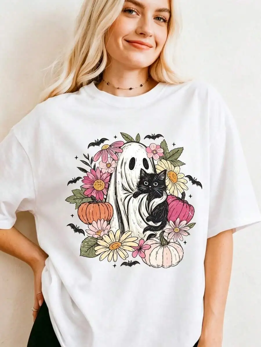 Halloween Party Casual Gift Graphic Tee Cute Lace Ghost Pumpkin Theme Crew Neck Short Sleeve Casual Tops