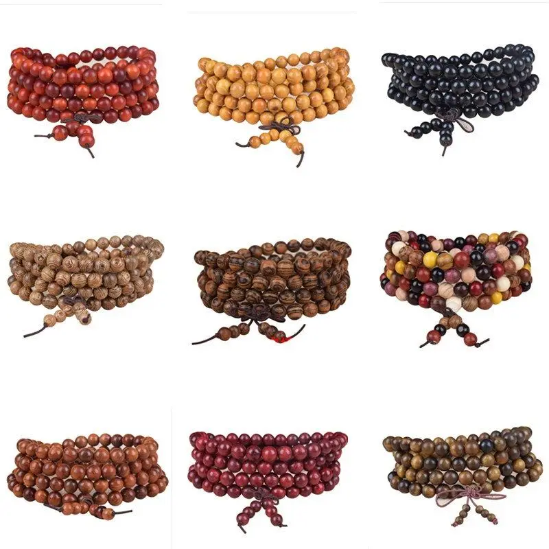 6/8mm Natural Sandalwood Buddhist Buddha Meditation Wood Prayer Bead Mala Bracelet Bangles Women Men Jewelry 108 Beads Bijoux