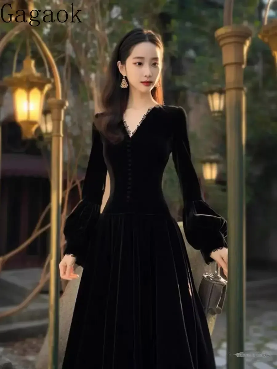 Gagaok 2024 Autumn Black Dress French Style V Neck Lantern Sleeve Velvet Dresses Women Gentle High Waist Vestidos De Mujer