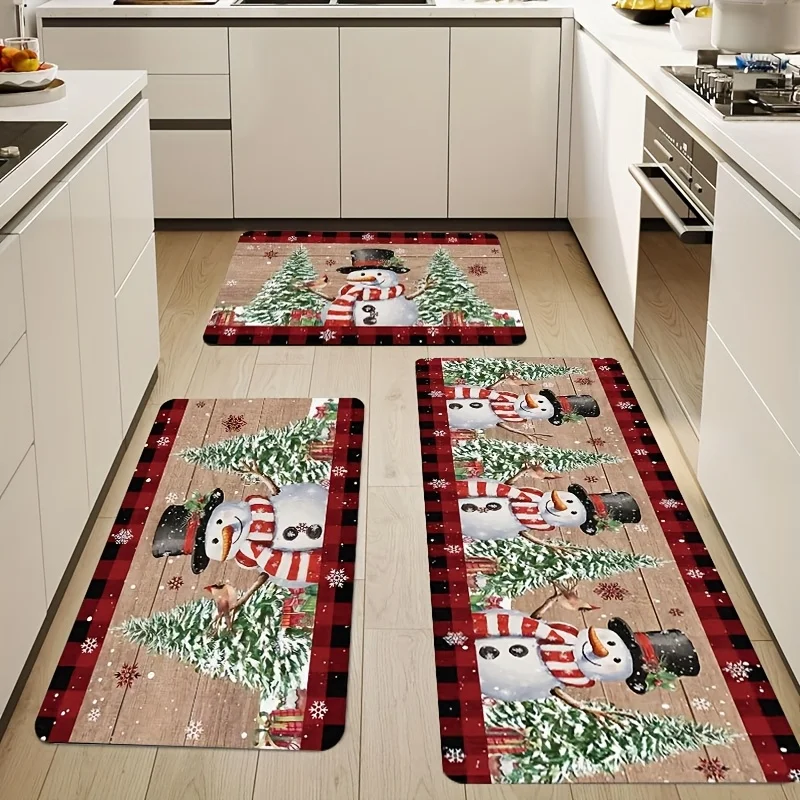 VIKAMA Christmas Kitchen Runner Set Non Slip Washable Snowman Plaid Tree Snowflake Floor Mats Xmas Holiday Rug
