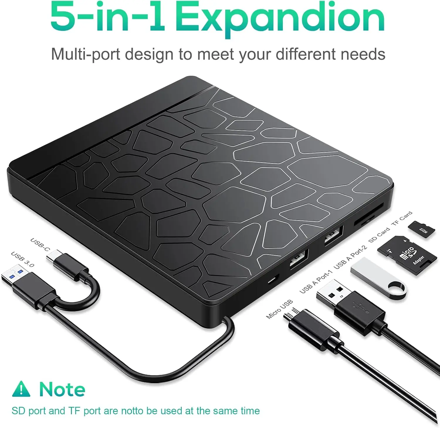 External CD DVD Drive with SD TF Slot & USB Ports, USB 3.0 Type-C Portable CD DVD +/-RW Drive Reader Burner Rewriter for laptop