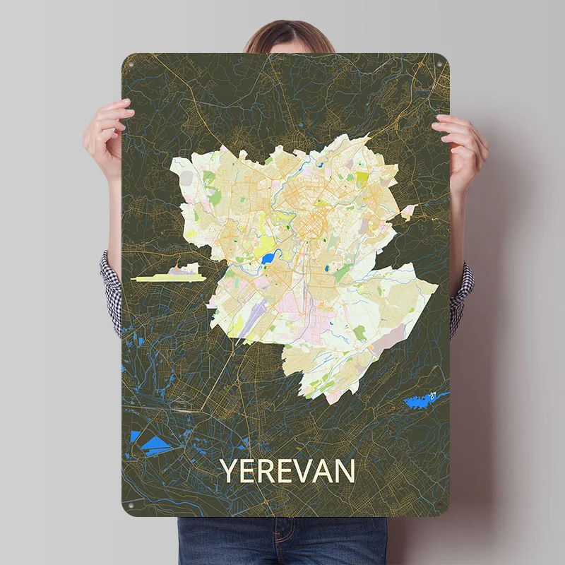 Yerevan City Map Tinplate Poster Custom Wall Art Vintage Metal Signs Retro Tin Plaque for Gaming Decoration Room Bar Accessories