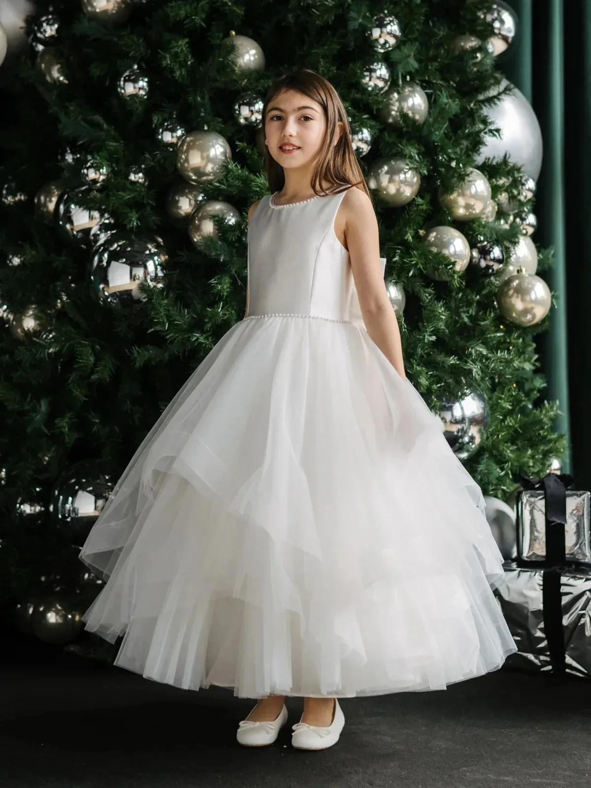 First Communion dress,custom-made simple satin top,multi-layered mesh flower girl skirt,pearl trim A-line dress,wedding party