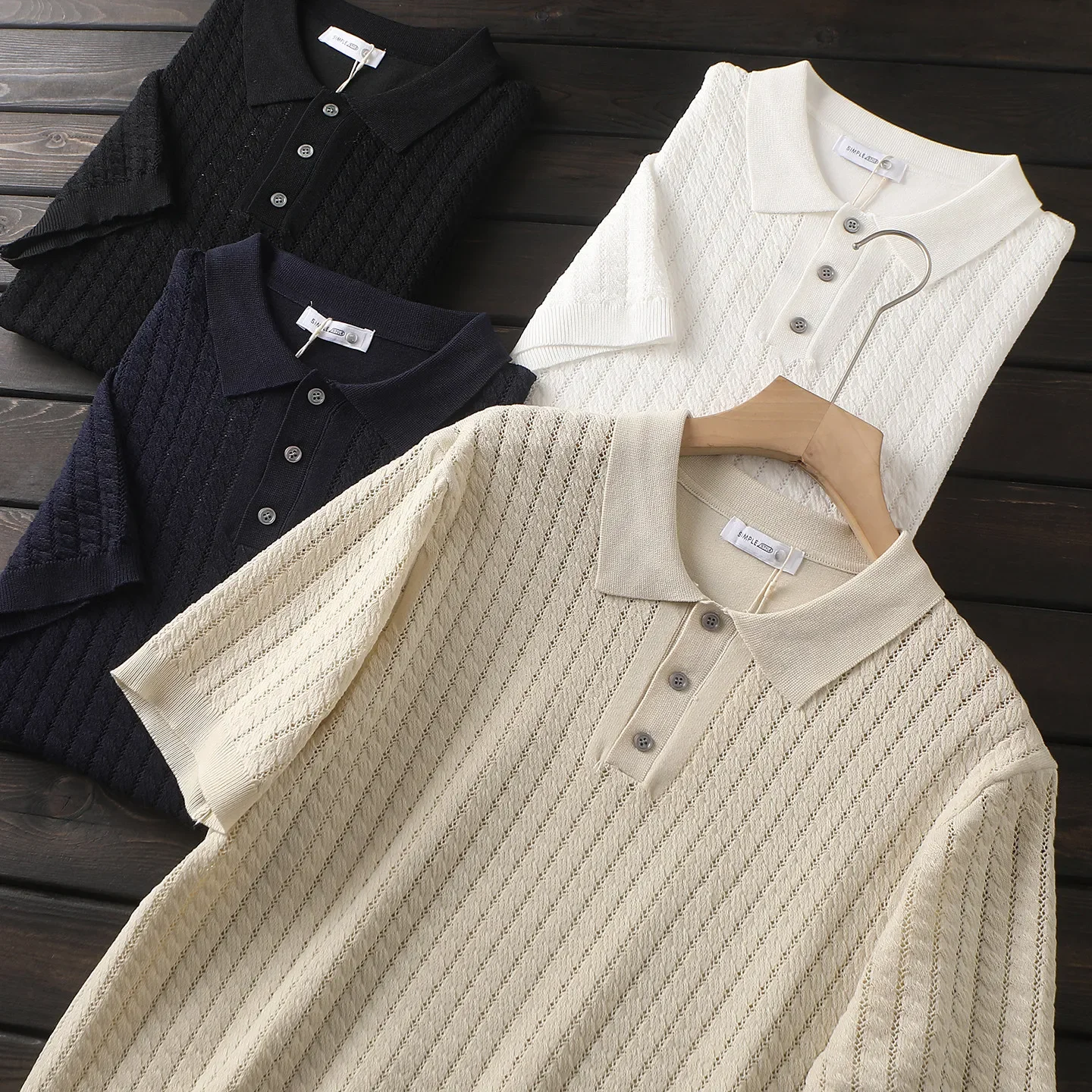 Soft waxy and skin-friendly full of texture, men's spring and summer hollowed-out knitted short-sleeved Polo shirt lapel T-shirt