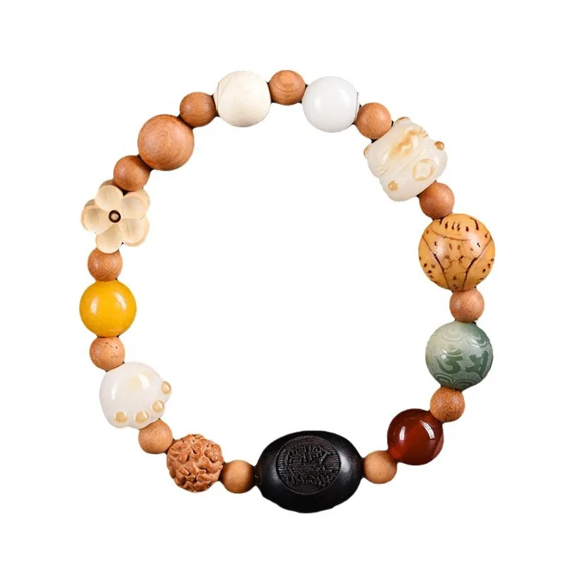 Multi Treasure Wood Carved Golden List Title Bracelet Bodhi Pendant Unisex Collectible Jewelry Ornament