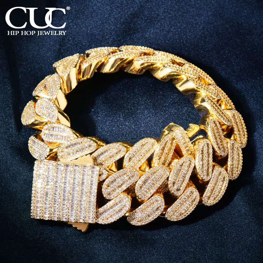 

CUC NEW Men Baguette Hip Hop Bracelet 21mm Big Gold Color Cuban Chain Iced Out Zirconia Miami Link Fashion Punk Rapper Jewelry