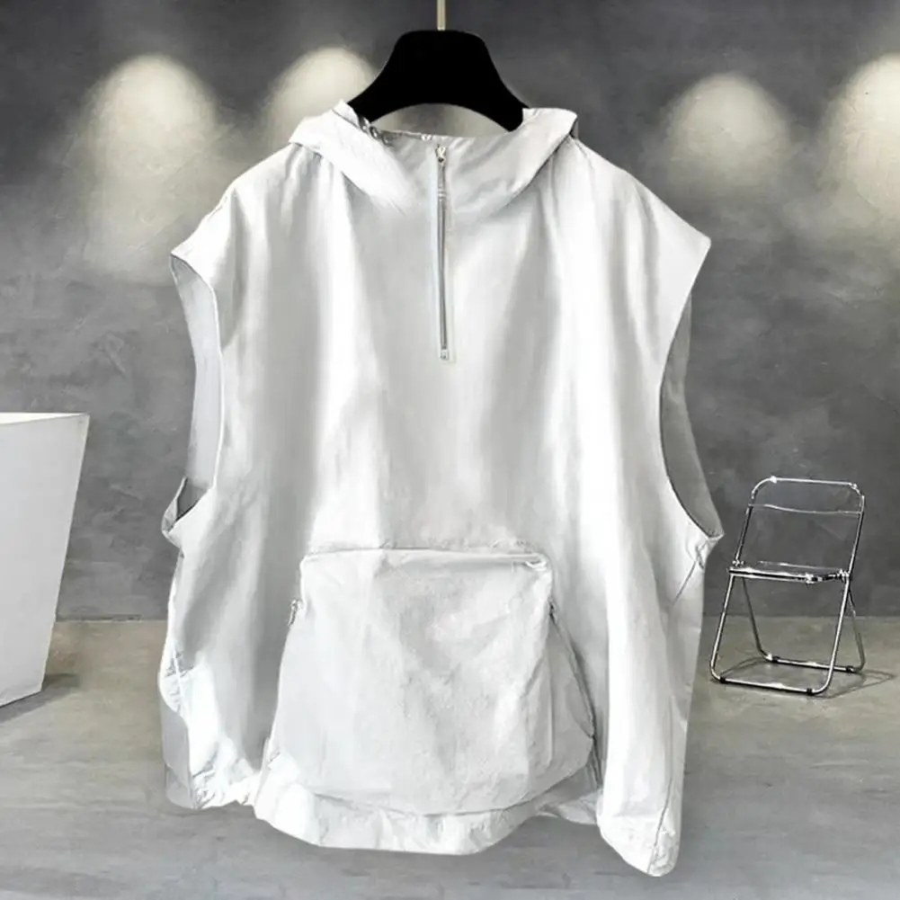 Men Summer Vest Hooded Zipper Half Placket Sleeveless Hip Hop Style Vest Jacket Solid Color Quick-Drying Large Pockets Waistcoat