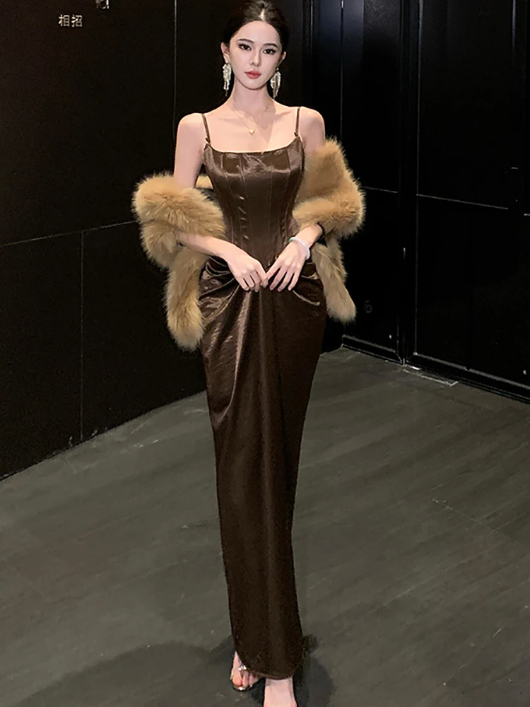 

Summer Solid Satin Pleated Bodycon Square Collar Sling Dress Women Korean Elegant Luxury Dress 2026 Vintage Festival Night Dress