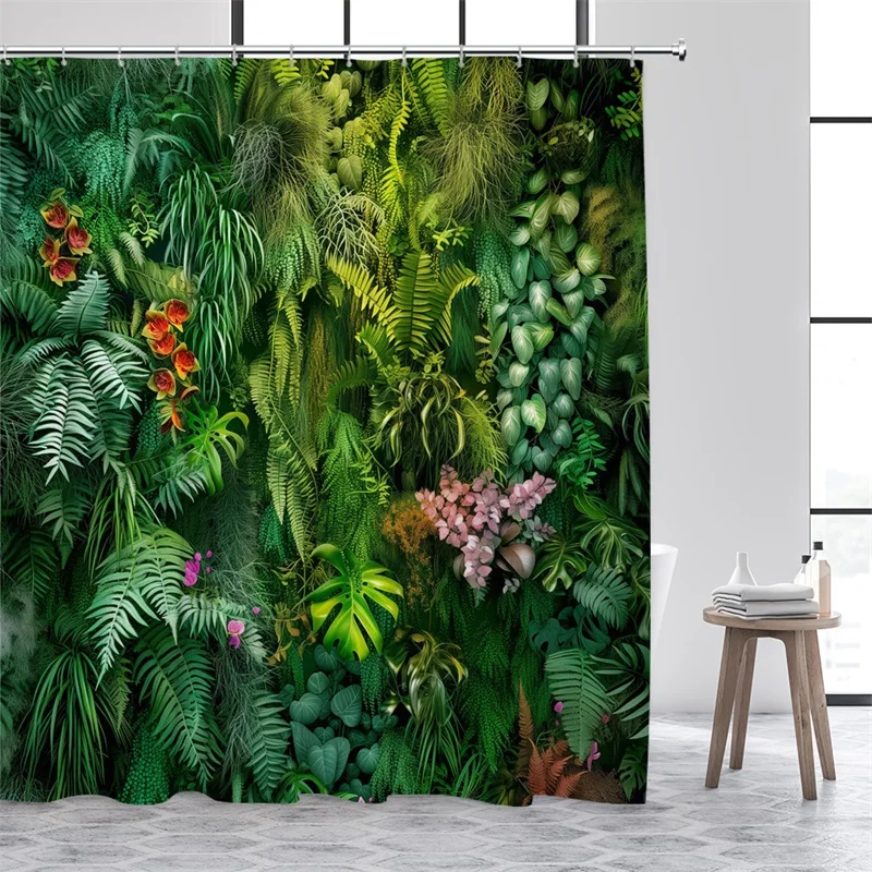 Green Leaves Shower Curtains Tropical Leaf Garden Vine Plant Wall Hanging Fabric Home Bathroom Decor Bath Curtain Set with Hooks