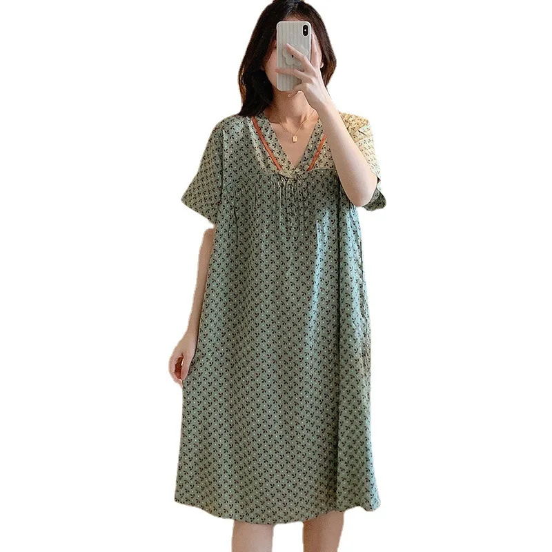 

Summer Women's Nightdress Cotton Silk V-neck Sweet Night Gown Sexy Night Wears For Ladies