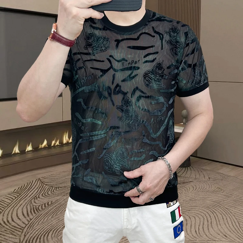 Hollow Out T Shirt For Men Short Sleeve Flock Burnout Slim Fit Summer Ice Quality Polyamide Blend Breatahble Camisetas De Hombre