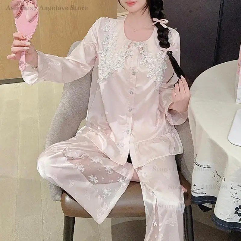 

French Jacquard Pajamas Set Long Sleeve Home Clothes Lace Splicing Trouser Pijama New Satin Sleepwear Sexy Chemise Night Wear