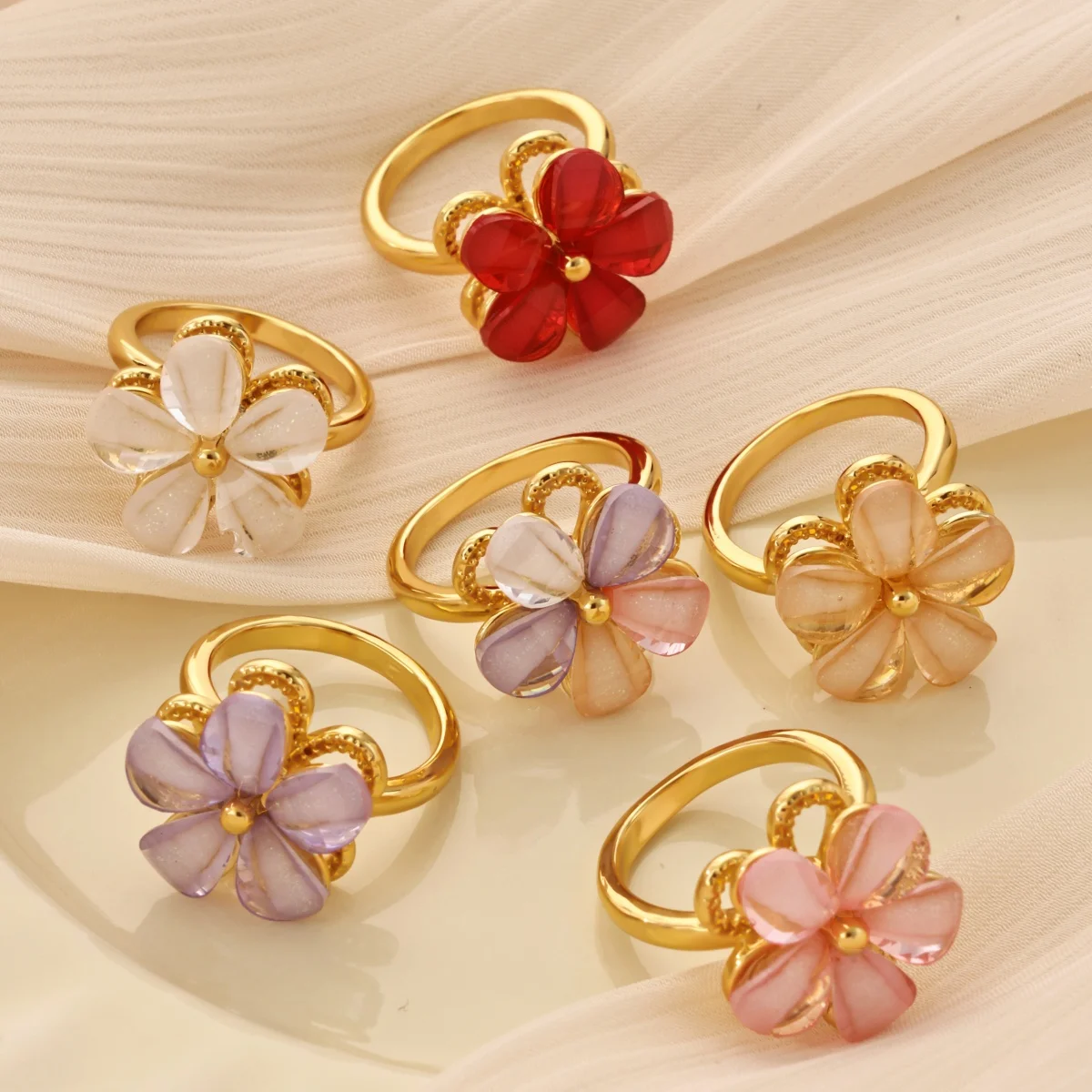 Rotating Relieve Anxiety Stress Colored Acrylic Big Flower Women Ring Stainless Steel Gold Color Anti Fading Unusual Jewelry BFF