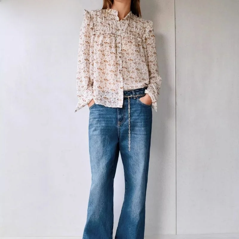 

Spring 2025 New Women's Faion Long Sve Printed Chiffon irt Turn-down Collar Commute Sle Loose Fit Regular Length