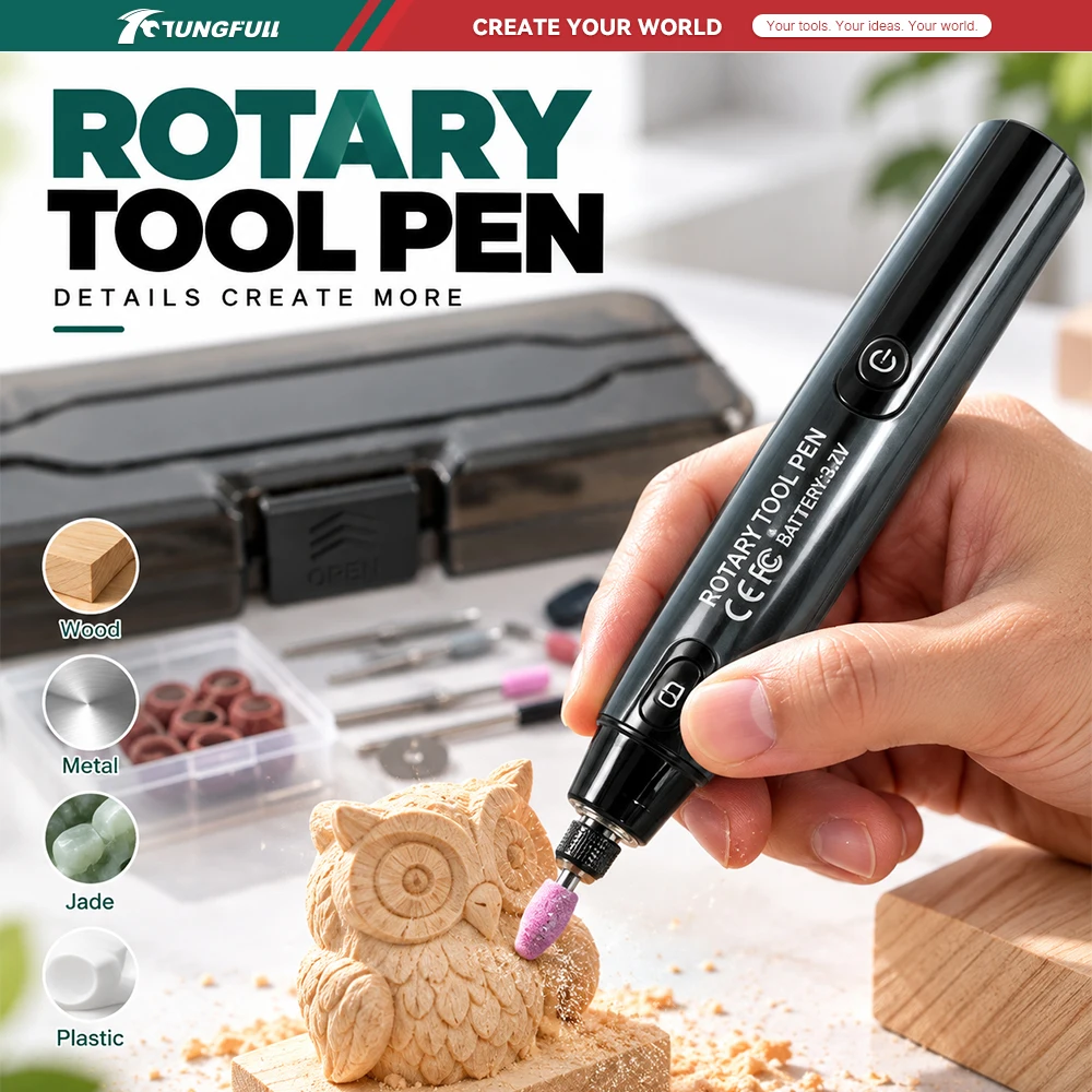 TUNGFULL Cordless Rotary Tool Pen LED Digital Display 16000RPM Forward Reverse Type-C Hand Drill for Wood Jade Metal Engraving