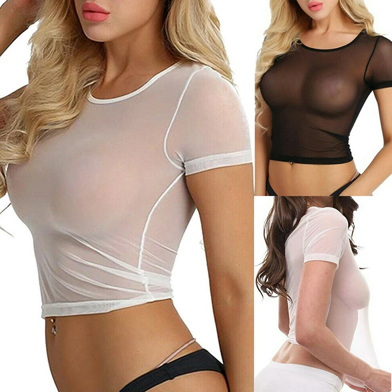 

Fashion Women See Through Mesh Sheer Tank Crop Top Vest T-Shirt Blouse Tee Tops Mesh Home Pajamas For Women Lingerie Transparent