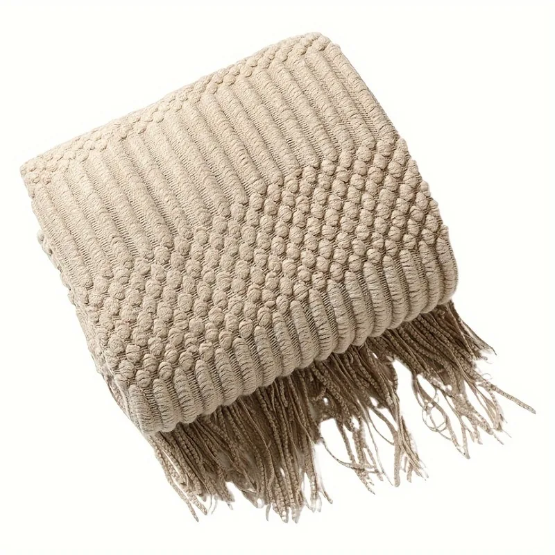 Textured Throw Blanket Soft Lightweight Knitted Tassel Solid Color Blanket Bed Sofa Comforter Thick Cover Throws Home Room Decor