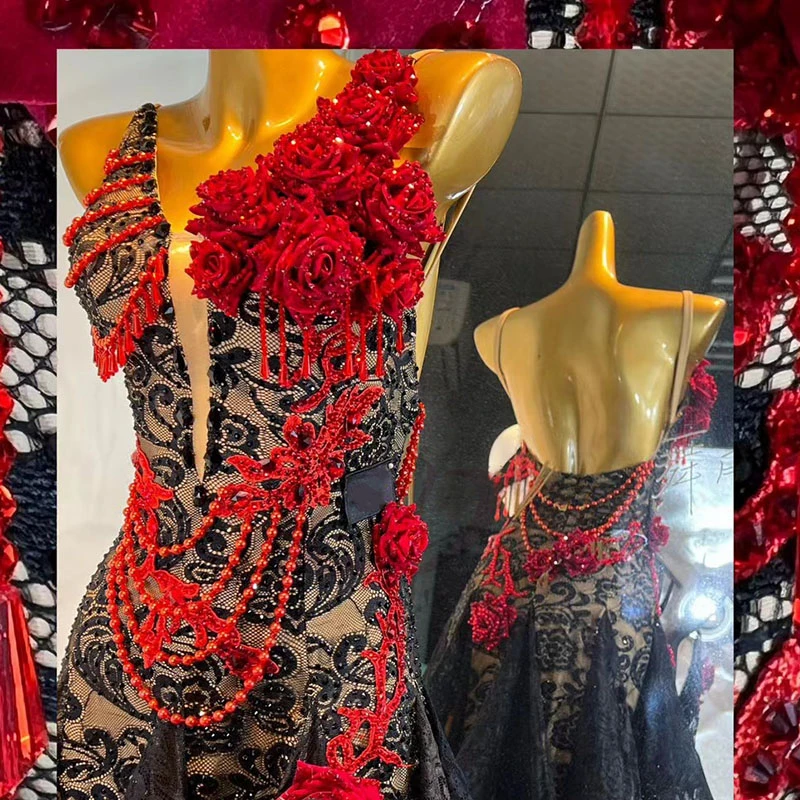 Latin Dance High end Customized International Stage Performance Professional Dress Prom Dress Red Flower Embroidered Lace