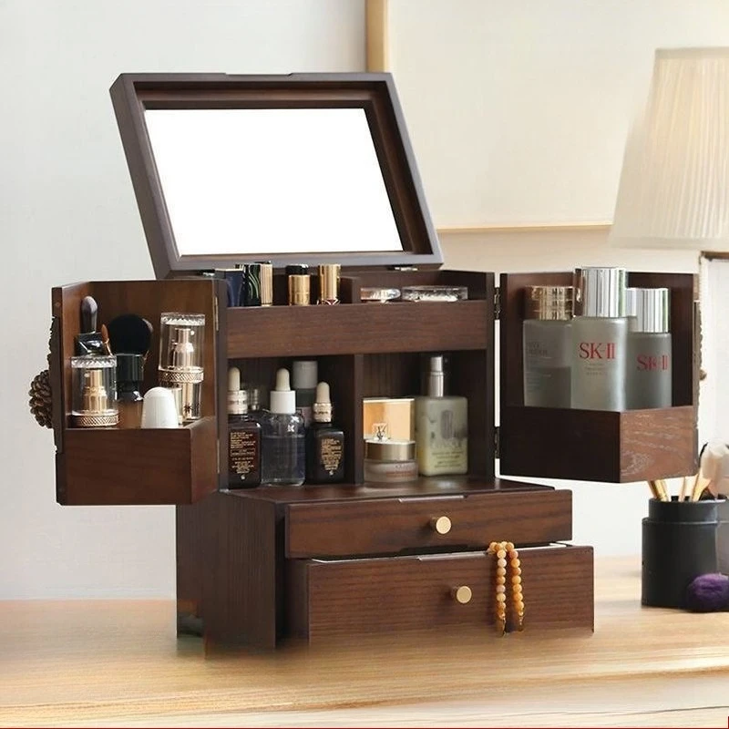 

Skin care products, makeup storage box, finishing box, antique box, wooden dresser, exquisite dust-proof bay window, retro.