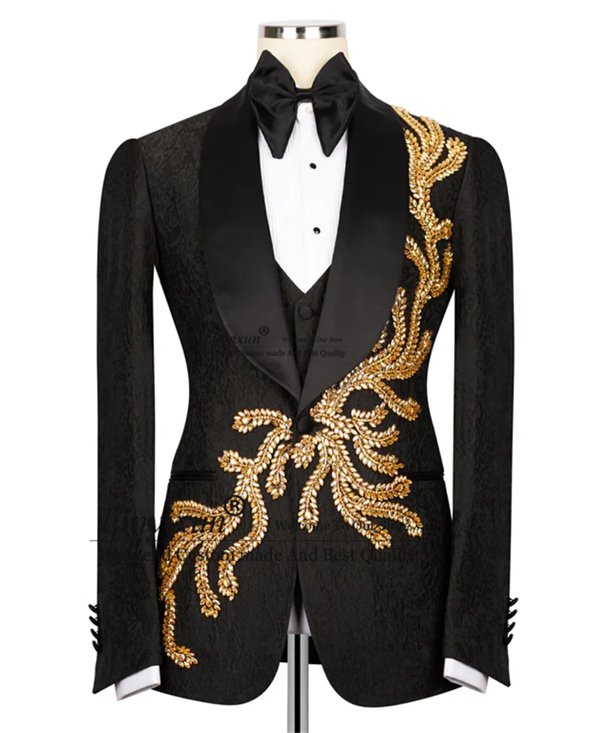 

Sparkly Stone Rhinestones Men Suits 3 Pieces Sets Groom Blazers Customized Wedding Slim Fit Party Jacquard trajes para hombre