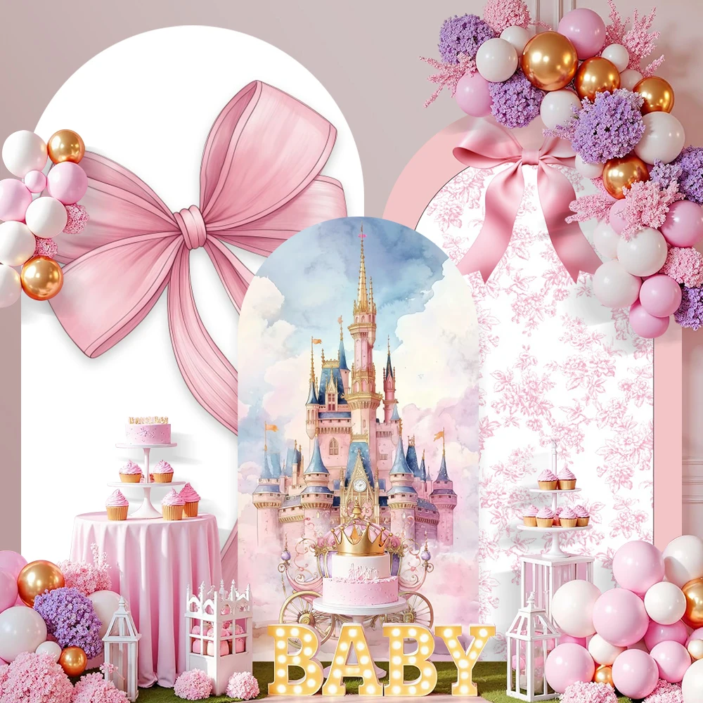 

Фон для фотосессии на тему дня рождения: розовый замок, банты, принцесса, украшения для девочек, портретные фоновые изображения для вечеринок и церемоний Кинсеаньерас