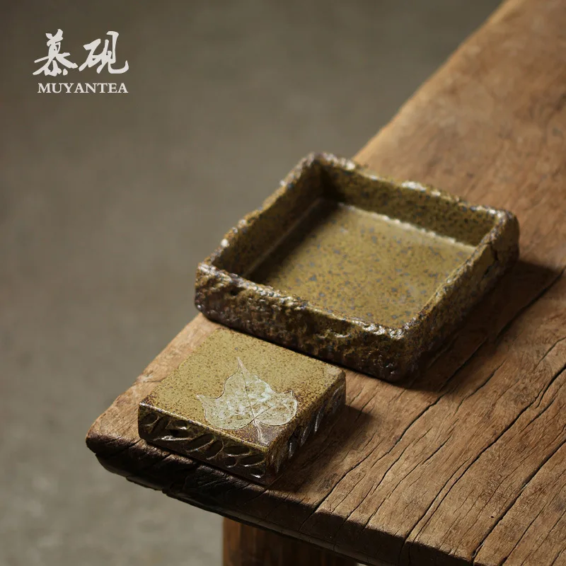 Mu Tao Wood-Leaf Tray, Detachable Coarse Pottery Holder, Zen-Inspired Mat, Kung Fu Tea Set Dry Brewing Tray