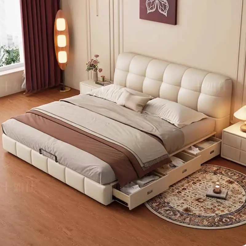Low White European Double Bed Set Medium Range Luxury Full Size Double Bed Bedroom Storage Adults Schlafzimmer Bett Furniture