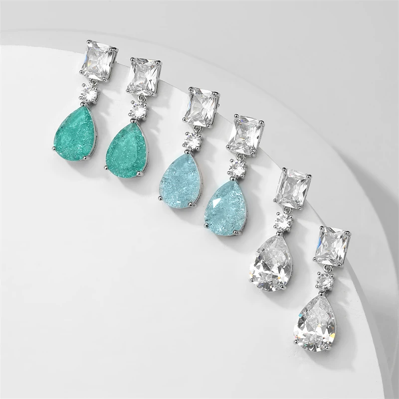 UILZ New Ice Crack Design Fashion Green Square Water Drop CZ Zircon Dangle Earrings for Women Wedding Party Jewelry