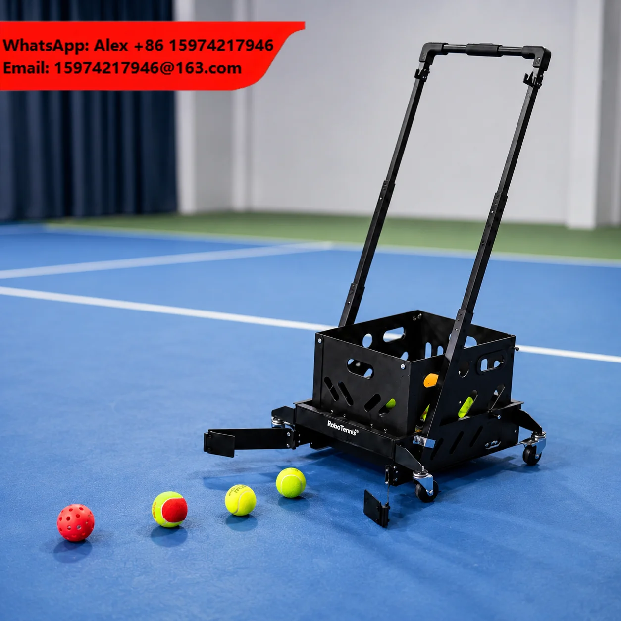 Tennis Pickleball Ball Collector, Rolling Pickup Basket, Foldable Handle, Adjustable Height, 4 Swivel Wheels For Court Drills