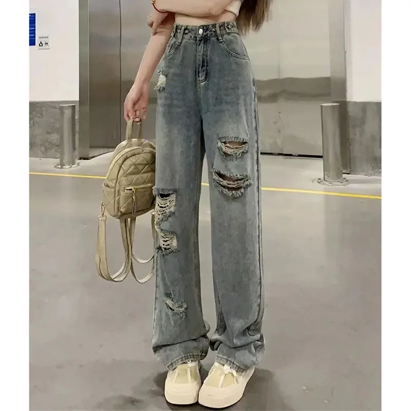 Female Hole Wide Legs Cowboy Trousers Women Large Size 4XL 5XL High Waisted Make Jeans Summer Ladies Ripped Cylinder Denim Pants