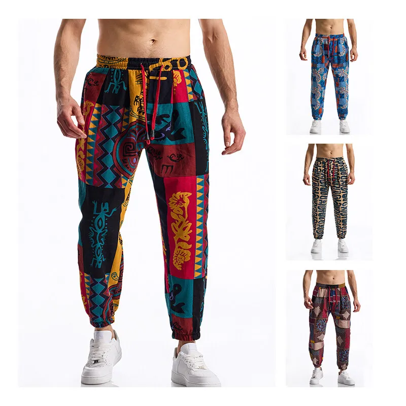 Men's Boho Tribal Print Linen Pants Cotton Summer Casual Drawstring Outdoor Sport Trousers Running Jogger Tracksuit Pants
