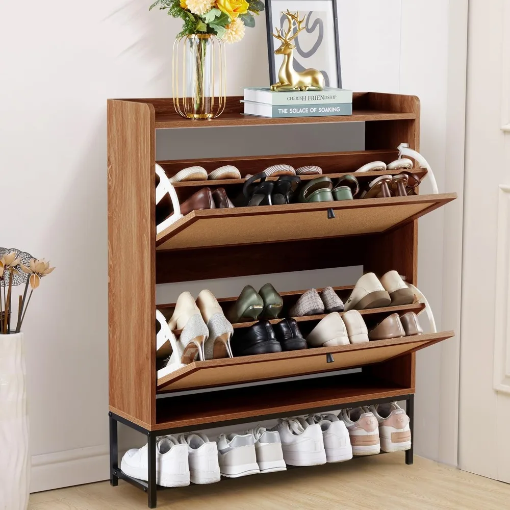 

Shoe Storage Cabinet with 2 Flip Drawers, Wooden Narrow Shoe Cabinet Storage for Entryway, Freestanding Shoe Rack Organi