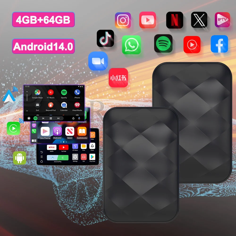 

2PCS New 3IN1 Android14 Wireless Carplay Android AutoAdapter Upgrade Plug&Play For Youtube Netflix Dongle Wireless Car AI TV BOX