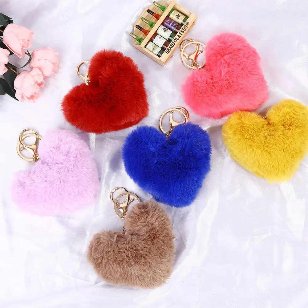 Lovely Fluffy Handbag Accessories Bag Pendants Heart Shape Pompom Keychain Fake Rabbit Fur Keyring