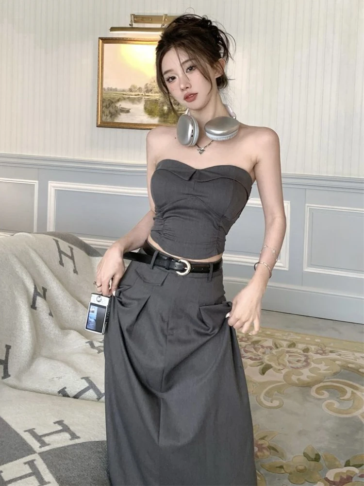 Sets Women Vintage Sexy Strapless Tops Elegant Chic Simple Folds Design Korean Style Midi Skirts Temperament Two Pieces Summer