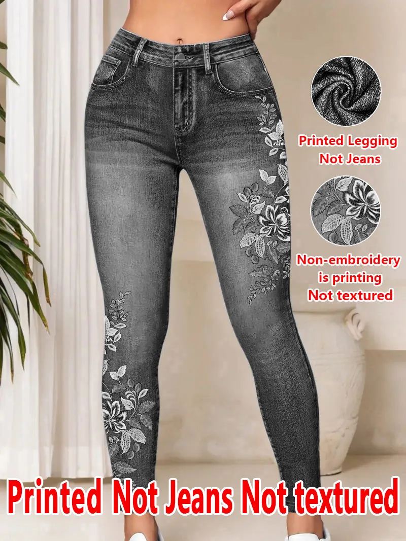 1335 Women's Non-Leather Denim Fabric Tight Pants Printed Base Layer Pants Wearable All Seasons