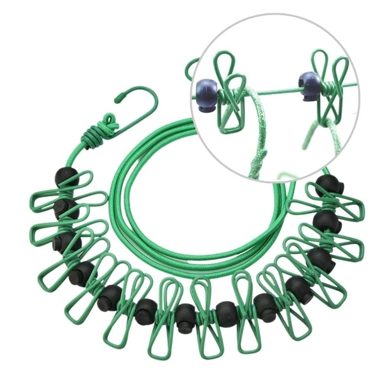 31KC Stretch Clotheslines Elastics Clotheslines Travel Washing Line Adjust able Retractable Airer Wind proof Rope with 12Clip