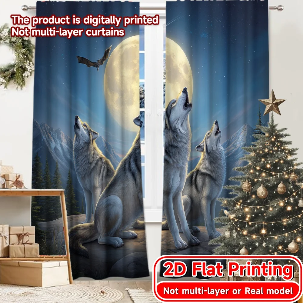 2D FLAT PRINTING 2pcs Curtains (Without Rod) Moonlit Wolves Howling Saint Patrick is Day holiday curtains Versatile Polyester