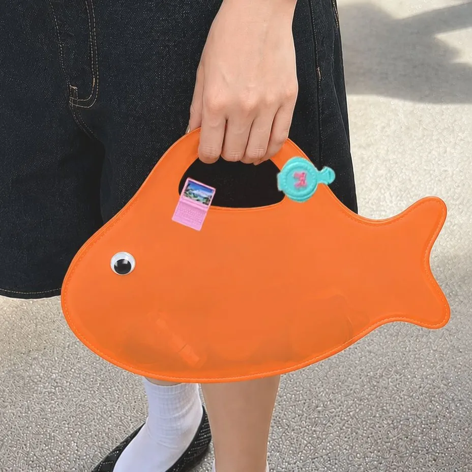 

Cute Little Fish Shape Jelly Handbag Transparent PVC Cartoon Macaron Color Party Bag Creative Summer Weaving Vacation Beach Bag