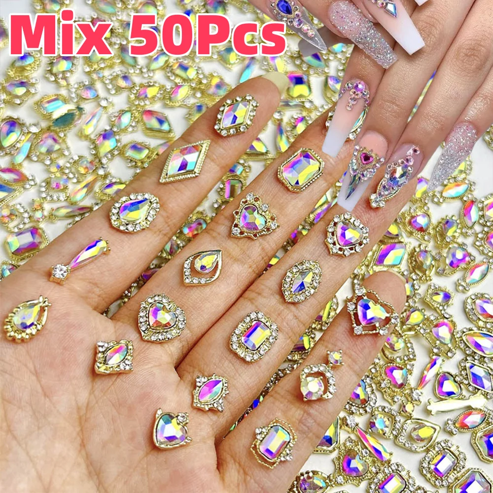 50Pcs 3D Mixed Luxury AB Alloy Nail Art Charms with Heart/Drop/Square/Rhombic Gem Nails Decoration DIY Crafts Manicure Accessory
