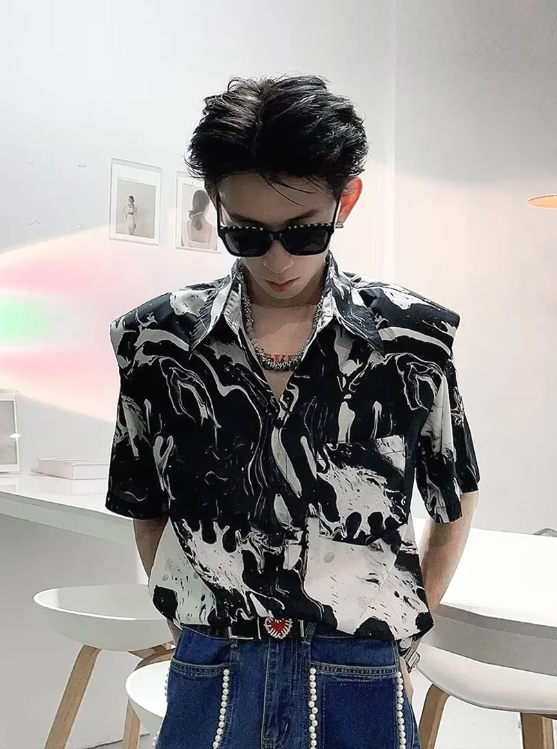 

Shoulder Pad Men's Shirt Ice Silk Shang Miao Loose Short Sleeve Dyed in Ink Thin Non-iron Spring Summer Autumn Fashion