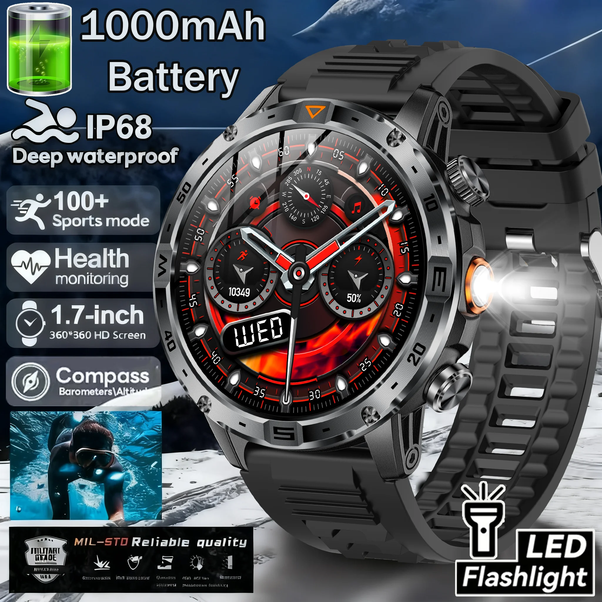 

2025Новые уличные военные 1000 мАч HD AMOLED SmartWatch мужские спортивные фитнес-светодиодные фонарики IP68 водонепроницаемые умные часы с беспроводным вызовом