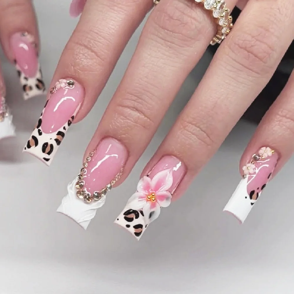 24pcs Pink Leopard Print Press on Nails Square False Nail Diamond Y2k Fake Nails French Nail 3D Flower Press on Nails 3d Flower
