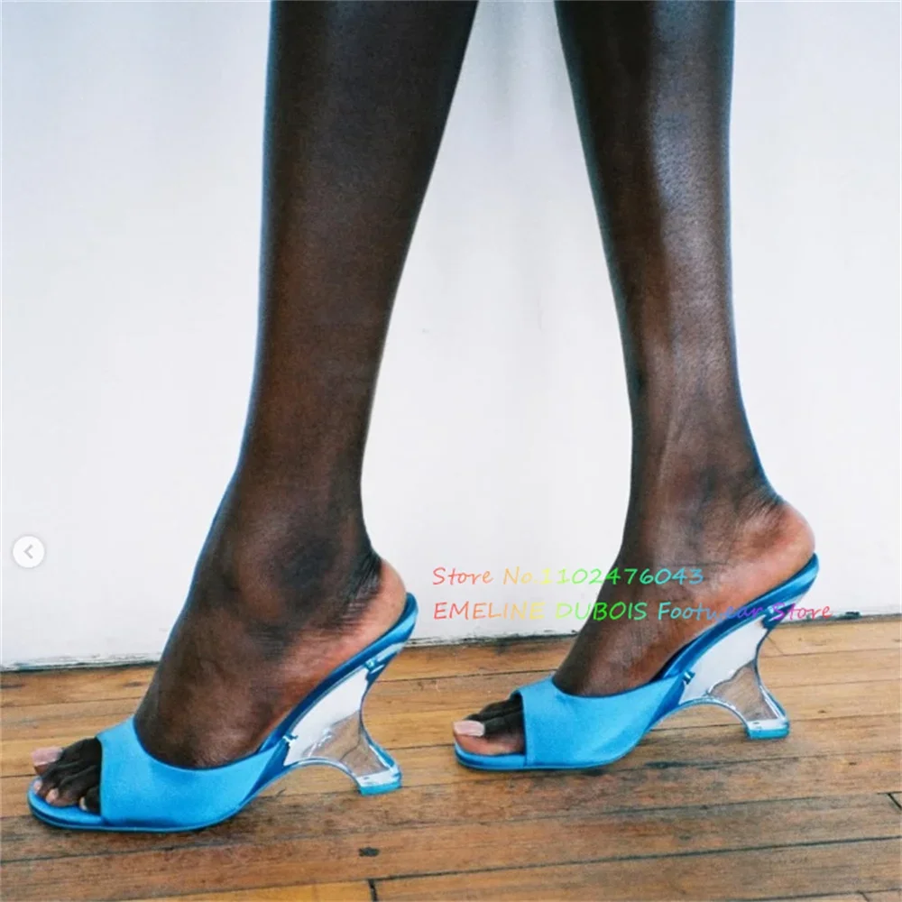 

Blue Satin Crystal Sculpted Wedge High-heeled Shoes Women Exposed Toe Slingback Slip on Roman Sandals Summer Newest Slippers