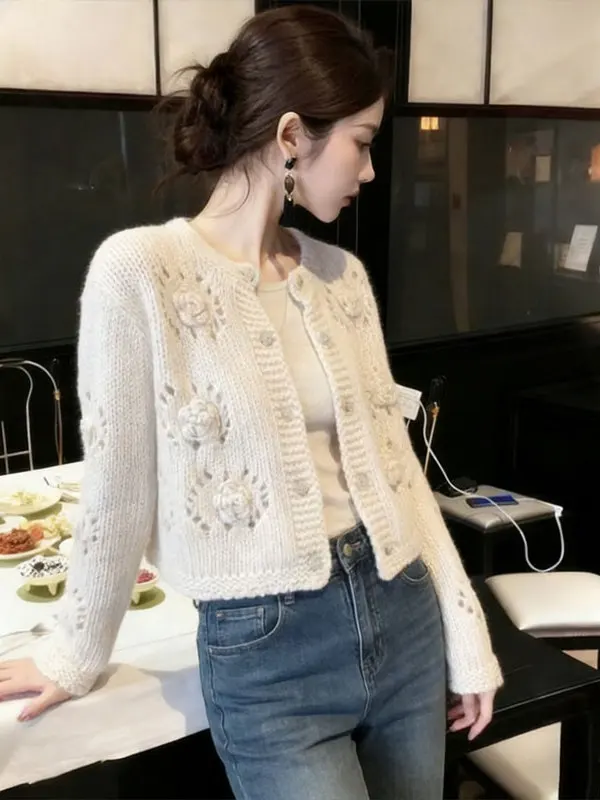 

2026 New Korean Sle Knitted Open Cardigan Women's Hollow out Sweater Jaet Lazy Sle Design Top Long Sve round Ne