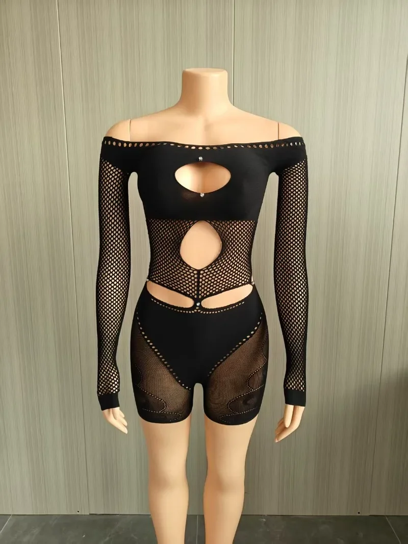 

Women Sexy Hollow Out Fishnet See Through Skinny Playsuit Slash Neck Off Shoulder Long Sleeve High Stretch Night Clubwear Romper