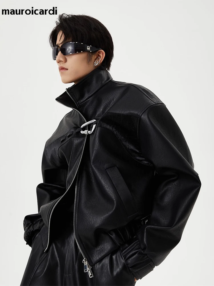 Mauroicardi Spring Autumn Short Black Oversized Shiny Reflective Patent Leather Jacket Men Zip Up Designer Y2K Clothes Fashion