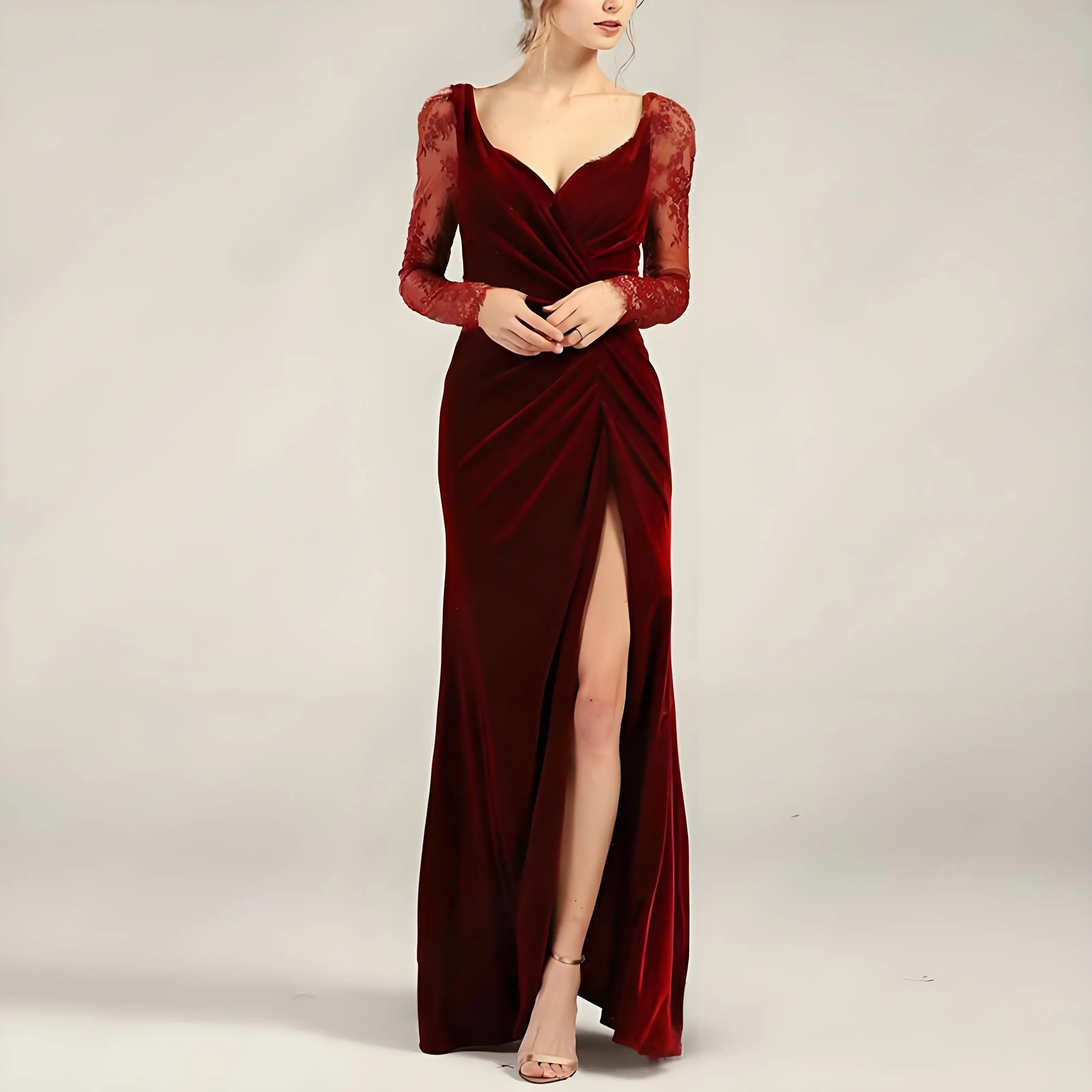 

Beshinel Customized Dark Red Velvet Square Neck Lace Long Sleeve Bridesmaid Dresses Sexy Side Slit Wedding Party Gowns Vestidos